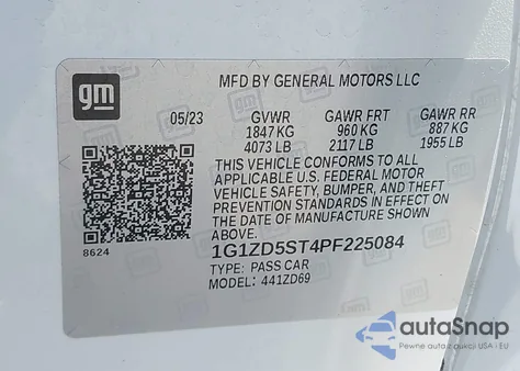 2023 Chevrolet Malibu Lt z USA, uszkodzony, nr VIN 1G1ZD5ST4PF225084